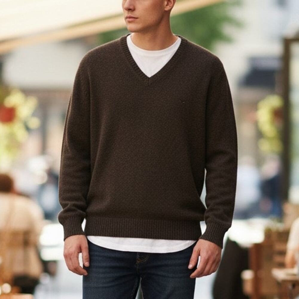 Faconnable Brown 100% Wool V-Neck Sweater Mens Large Knit Pullover Neutral